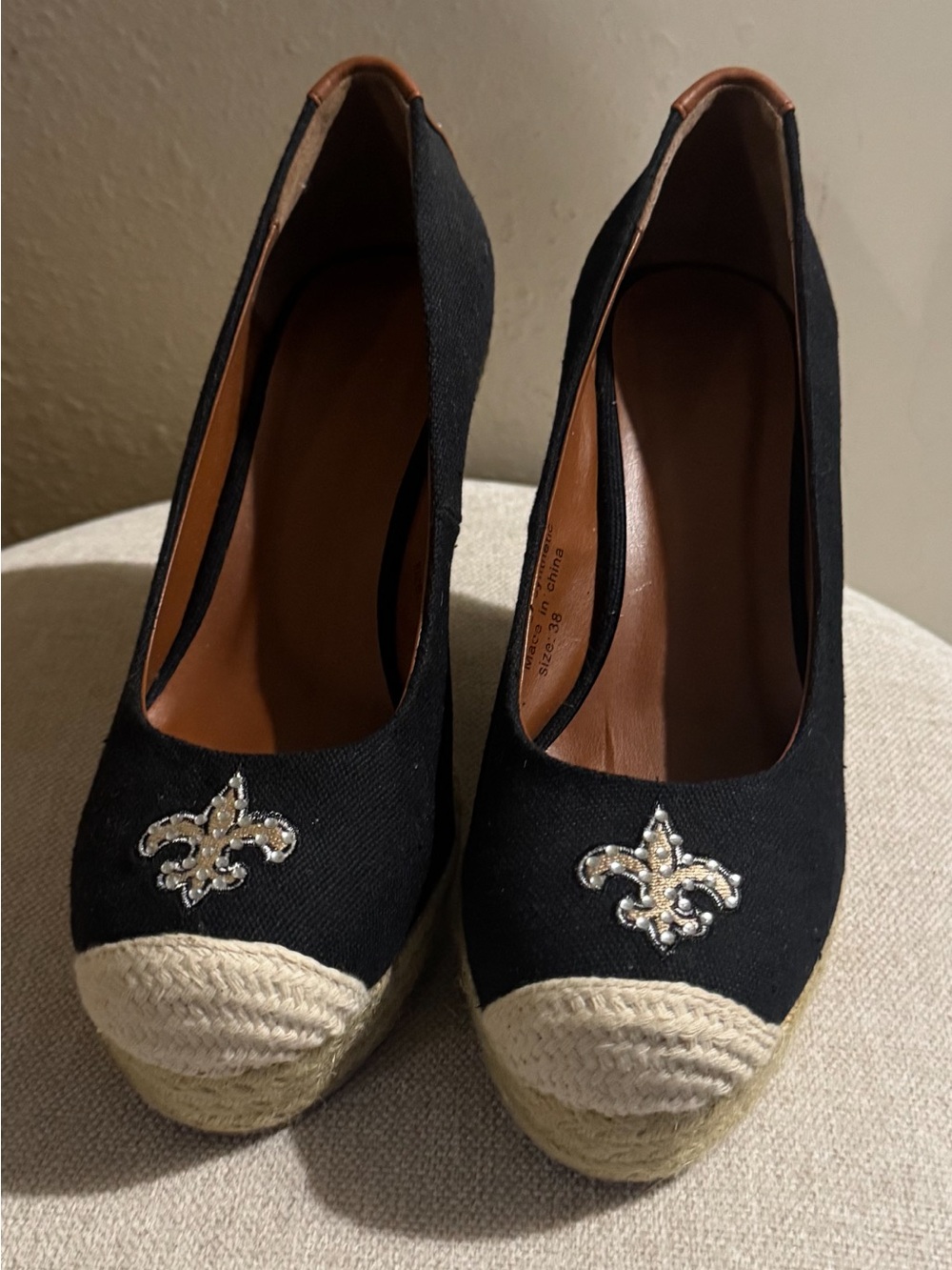 NFL Black Espadrille Platform Wedge Pumps with Fleur Charm